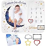 Coperta Mesi Neonato in Italiano | Coperta Foto Neonato o Neonata, Unisex | Regalo Personalizzato Festa Nascituro | Tema Luna | Morbida e Spessa | Coperta Per Foto Mesi | Cornici Incluse