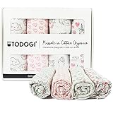 TODOGI Mussole Neonato 100% Cotone Biologico Certificato GOTS Set 4 Disegn 120 x 120 Ideali come Copertina, Bavaglino, Lenzuolino, Accappatoio, Telo per fasciare, Swaddle, Regali Neonati - Pink&Grey