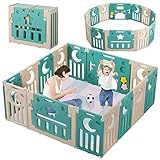 Dripex Box per Bambini, Recinto Bambini Box Neonato Protezione 14 Pannelli Barriera di Sicurezza Pieghevole con Porta e Scheda Giocattolo Indoor Outdoor (Verde+ Marrone)